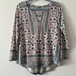 Lucky Brand Boho Floral Print L/S Cream Green Red Blouse sz Small